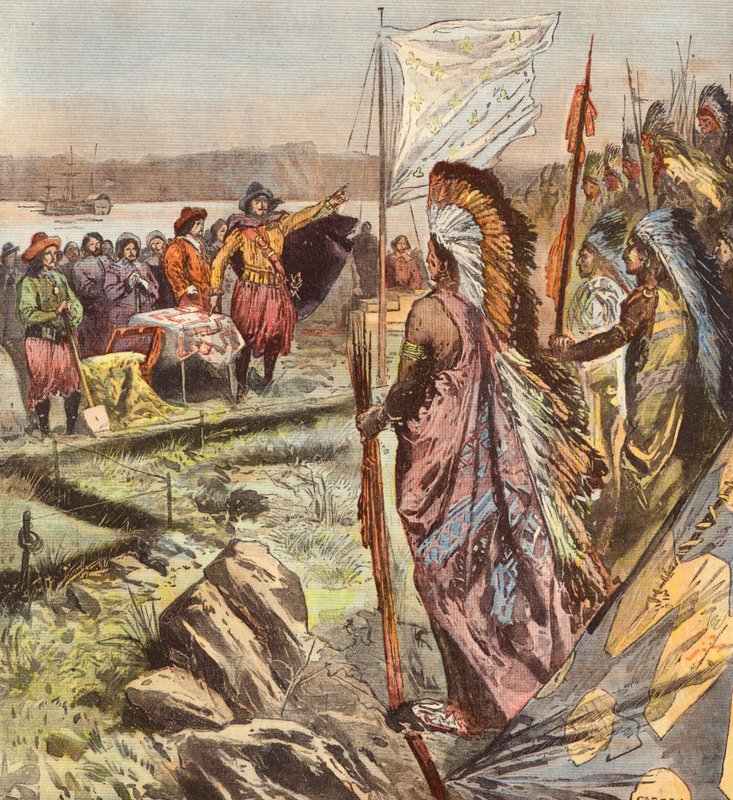 Grunnleggelsen av byen Quebec av Samuel de Champlain (fargelitografi) av French School