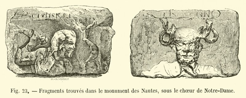 Fragmenter funnet i monumentet til Nautes, under koret til Notre-Dame av French School