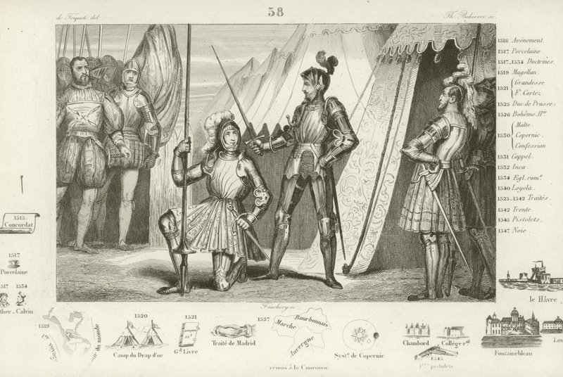 Frans I av Frankrike ber om å bli riddet av Chevalier Bayard etter seier i slaget ved Marignano, Italia, 1515 av French School
