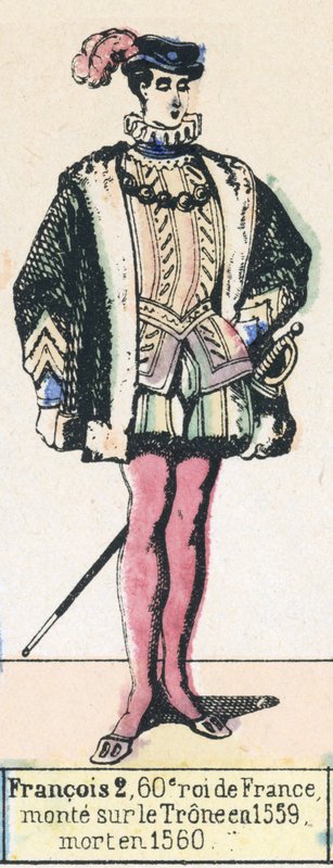 Francois 2, 60. konge av Frankrike, besteg tronen i 1559, døde i 1560 (farget gravering) av French School
