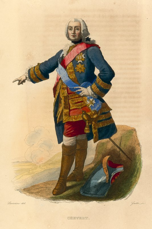 Francois de Chevert (farget gravering) av French School