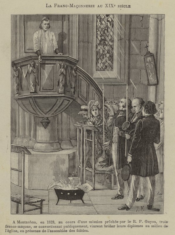 Frimureriet på 1800-tallet: tre frimurere som konverterer og brenner diplomene sine i en kirke i Montauban av French School