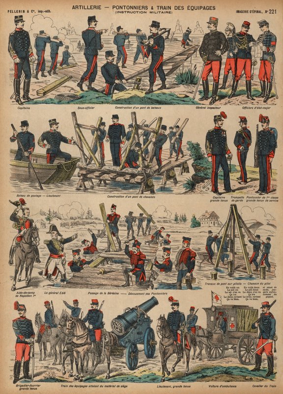 Fransk hærs artilleri bygger pongtongbroer (farget gravering) av French School