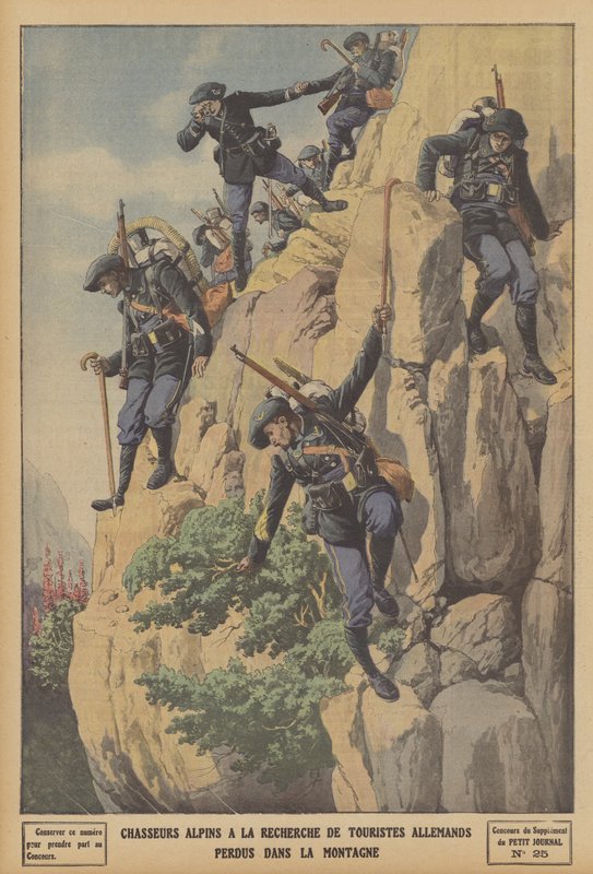 Franske Chasseurs Alpins søker etter tyske turister tapt i Alpene (farge litho) av French School