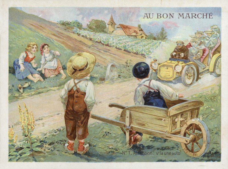 Franske barn ser på en bil som kjører fort av French School
