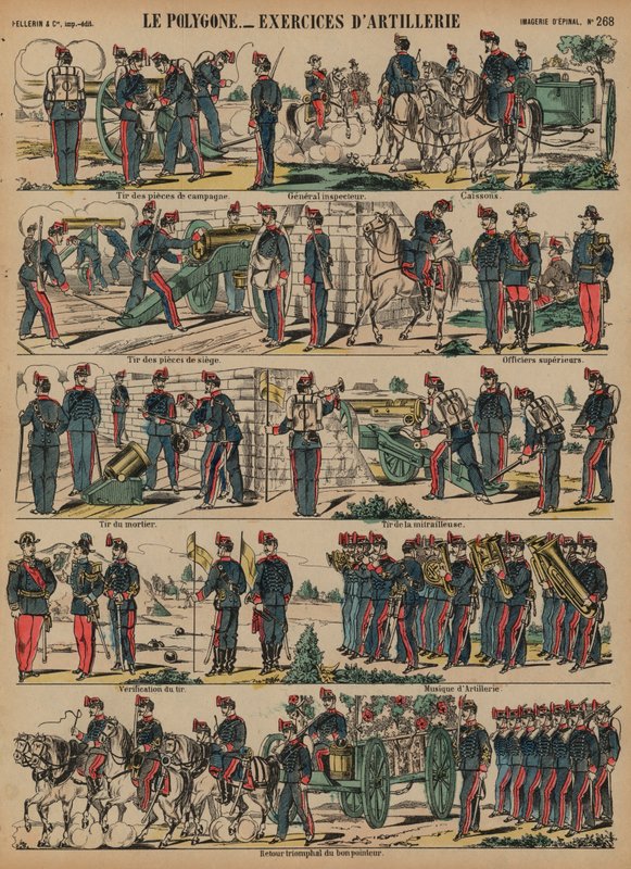 Fransk hærs artilleriøvelser, Le Polygone, Lorient, Frankrike (farget gravering) av French School