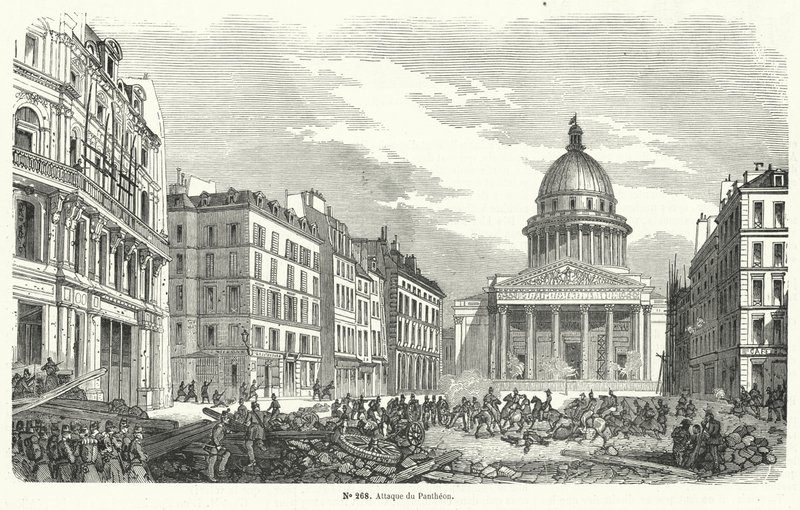 Franske hærtropper angriper opprørere som okkuperer Pantheon, Paris, 24. juni 1848 (gravering) av French School