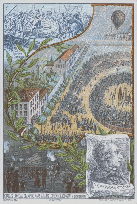 Den franske ballongfareren Jacques Charles lanserer den første hydrogenballongen fra Champ de Mars, Paris, 27. august av French School