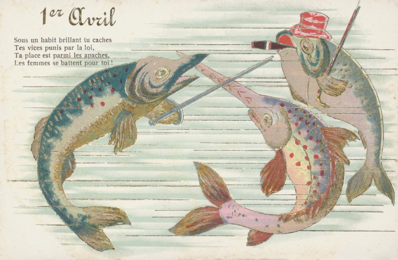 Fransk kort med fisk for å markere aprilsnarr (Poisson d#39;Avril) (chromolitho) av French School