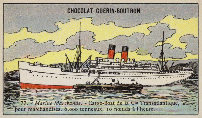 Fransk lasteskip fra Compagnie Transatlantique (chromolitho) av French School