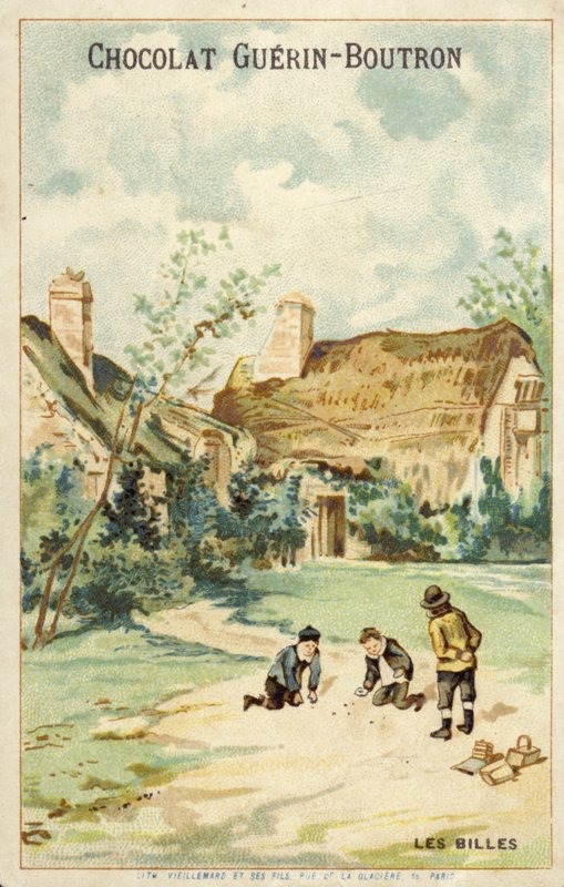 Franske barn leker klinkekuler utenfor hytte (chromolitho) av French School