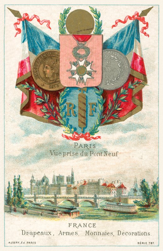 Franske flagg, våpen, mynter og dekorasjoner og utsikt over Paris fra Pont Neuf (chromolitho) av French School