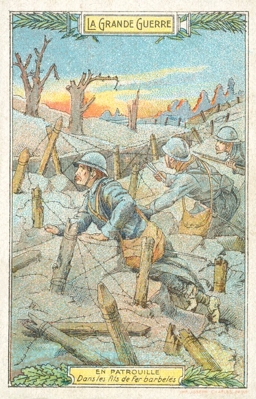 Fransk patrulje blant piggtråden, første verdenskrig (chromolitho) av French School