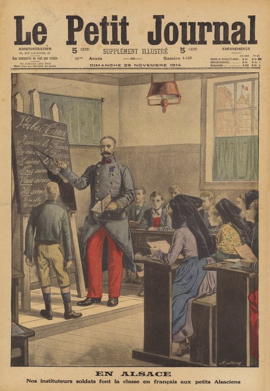 Fransk soldat underviser en klasse med skolebarn i fransk i Alsace (farge litho) av French School
