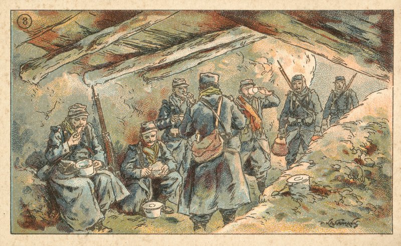 Franske soldater spiser i en utgraving, første verdenskrig (chromolitho) av French School