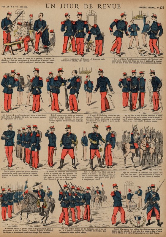 Franske soldater på dagen for en anmeldelse (farget gravering) av French School