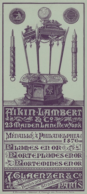 Fransk handelskortreklame Aikin Lambert-penner, pennholdere og drivende blyanter (litho) av French School
