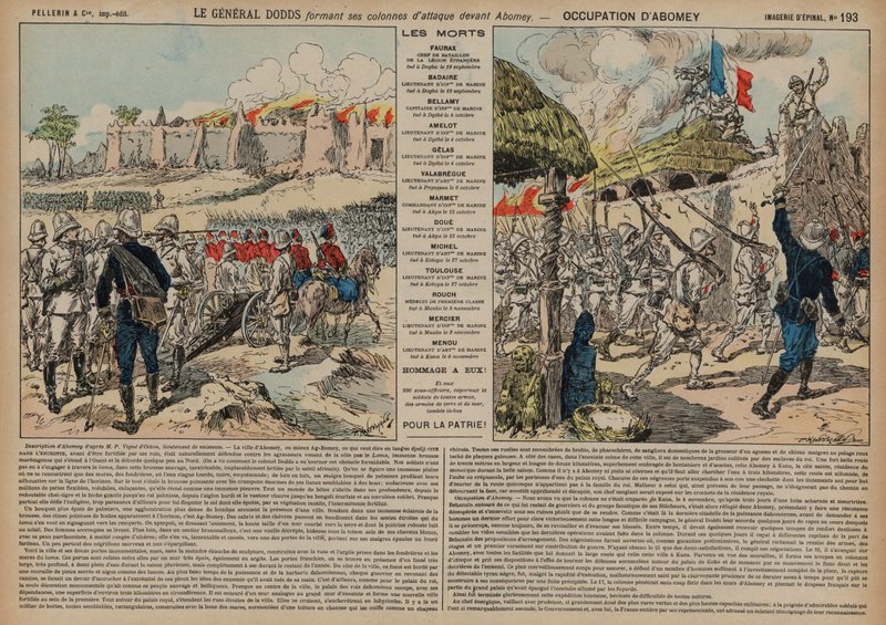 Franske tropper kommandert av general Alfred-Amedee Dodds angriper Abomey, Dahomey, andre fransk-dahomeanske krig av French School