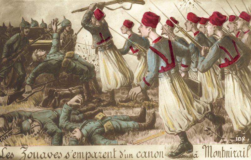 Franske zouaver som fanger et tysk artilleristykke ved Montmirail, første verdenskrig (farge litho) av French School