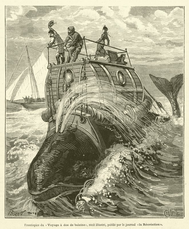 Frontispice of the Voyage på baksiden av en hval, en illustrert historie, utgitt av avisen La Recreation (gravering) av French School