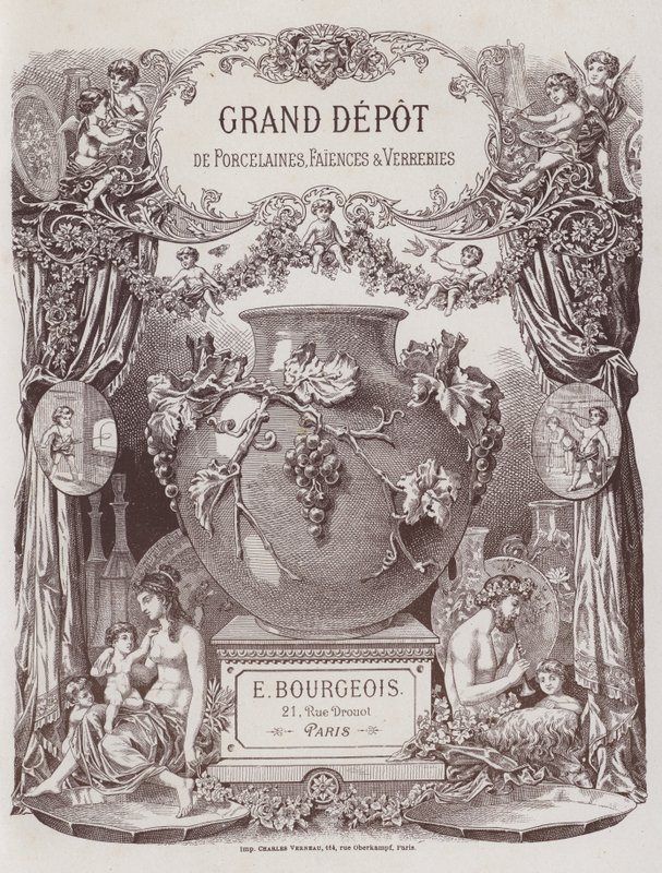 Frontispice til katalogen til Grand Depot de Porcelaines, Faiences et Verreries (farge litho) av French School