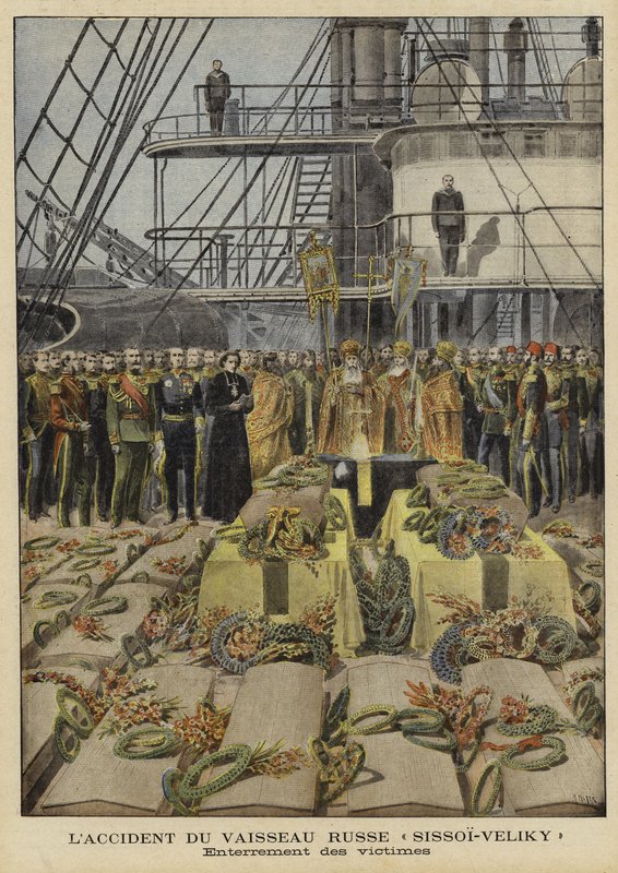 Begravelse av ofre for ulykken om bord på det russiske slagskipet Sissoi Veliky, 1897 av French School