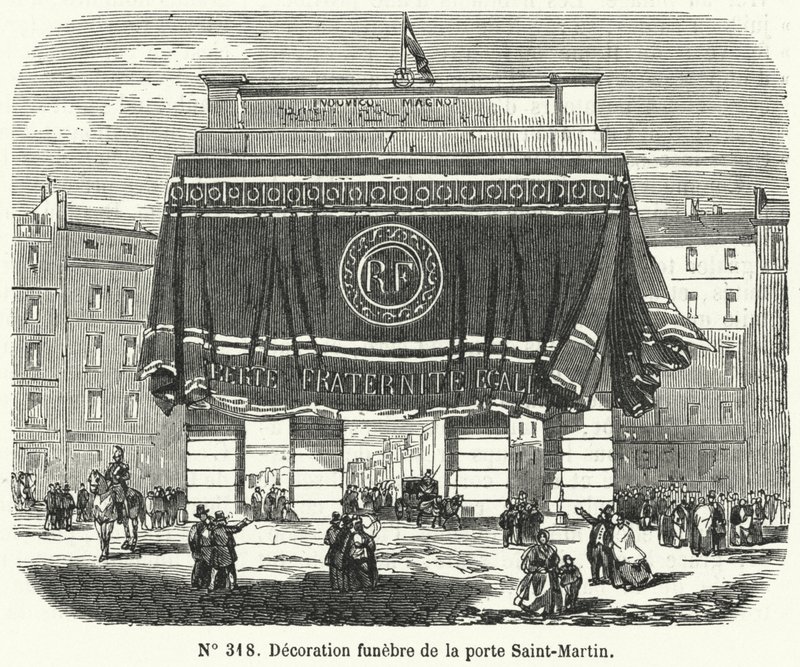 Begravelsesdekorasjon av Porte Saint-Martin til ære for ofrene for June Days-opprøret, Paris av French School