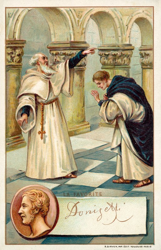Gaetano Donizetti, italiensk komponist, og en scene fra hans opera La Favorite (chromolitho) av French School