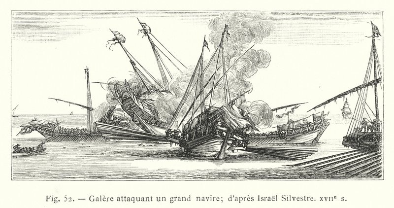 Bysse som angriper et stort skip; etter Israel Silvestre, 1600-tallet (gravering) av French School