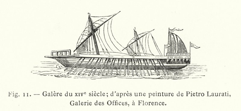 bysse fra 1300-tallet; etter et maleri av Pietro Laurati, Uffizi Gallery, Firenze (gravering) av French School