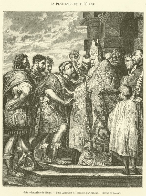 Imperial Gallery of Wien, Saint Ambrose and Theodosius (gravering) av French School