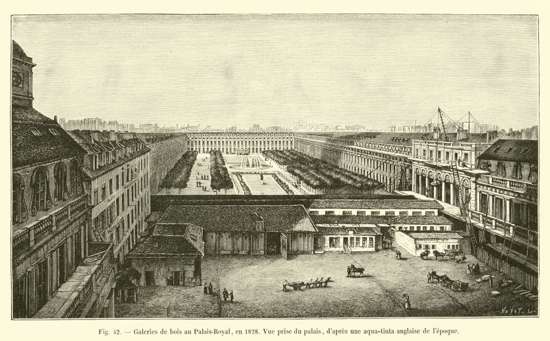 Tregallerier ved Palais-Royal, i 1828, Utsikt tatt fra palasset, etter en engelsk aqua-tinta på den tiden av French School