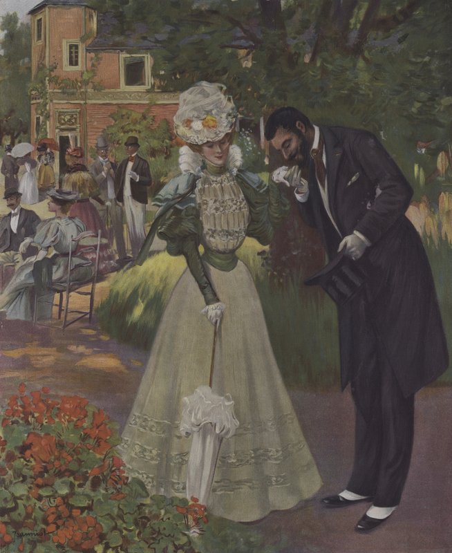 Hage fest. Illustrasjon fra omslaget til Le Figaro Illustre, april 1897 (farge litho) av French School