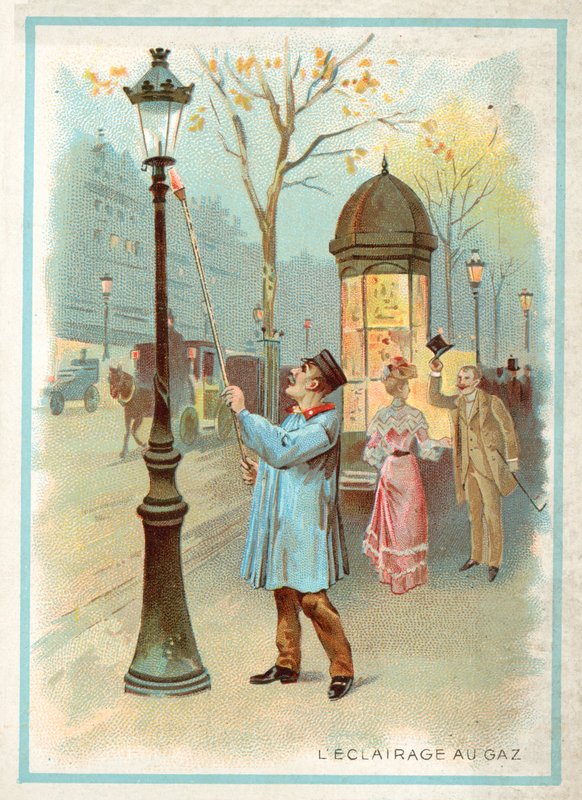 Gassbelysning (chromolitho) av French School