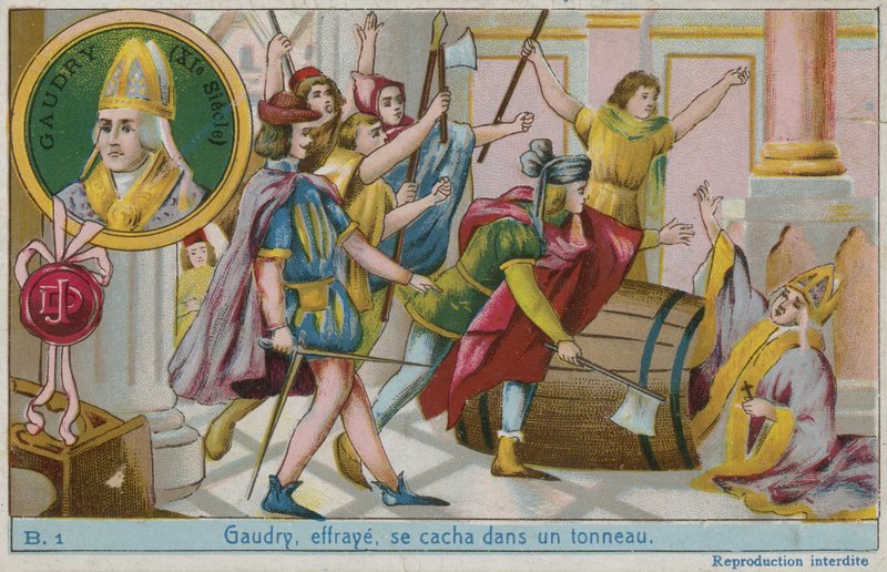 Gaudry, redd, gjemmer seg i en tønne av French School