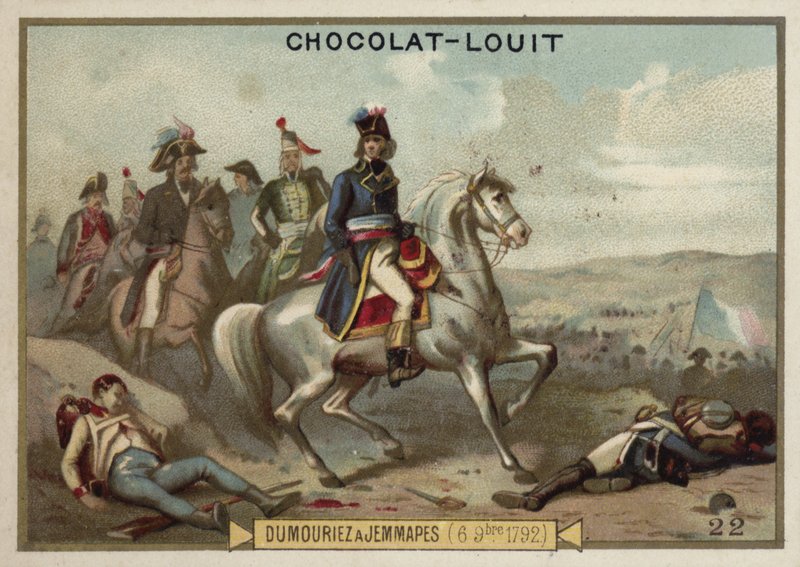 General Dumouriez i slaget ved Jemappes, 6. november 1792 av French School