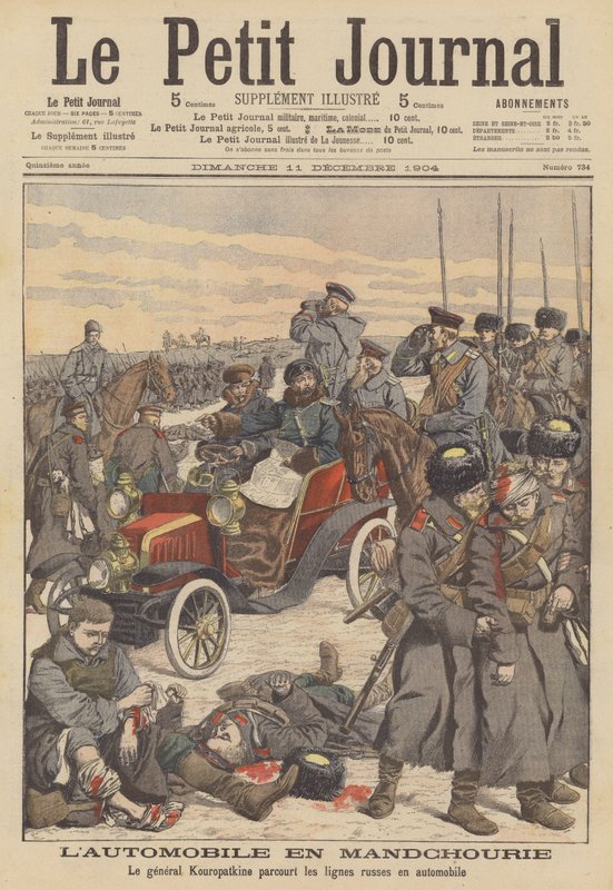 General Kuropatkin bruker en bil for å besøke de russiske linjene i Mandsjuria under den russisk-japanske krigen (fargelitografi) av French School