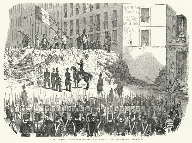 General Lamoriciere forhandler med væpnede arbeidere som forsvarer barrikaden deres utenfor Saint Martin-kasernen, Paris, 23. juni 1848 (gravering) av French School