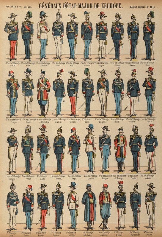 Generalstabsoffiserer og uniformer fra hærer fra hele verden (farget gravering) av French School