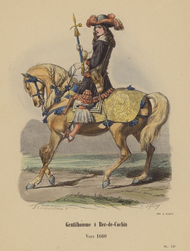 Gentleman ved Bec-de-Corbin, cirka 1660 (farget gravering) av French School