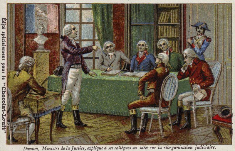 Georges Danton, justisminister, forklarte ideene sine om rettslig omorganisering til sine kolleger, 1792 av French School