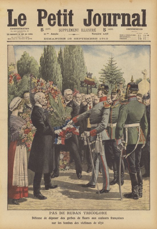 Tyske soldater som nekter å la kranser med franske tricolor-bånd plasseres på gravene til soldater drept i den fransk-prøyssiske krigen (farge litho) av French School