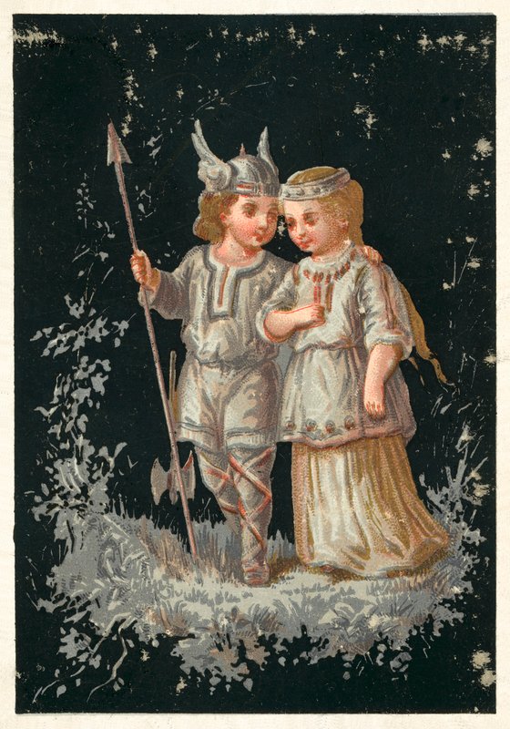 Jente og gutt i norrøn eller germansk drakt (chromolitho) av French School