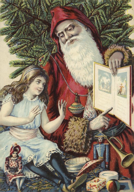 Jente som blir vist illustrert bok av julemannen av French School