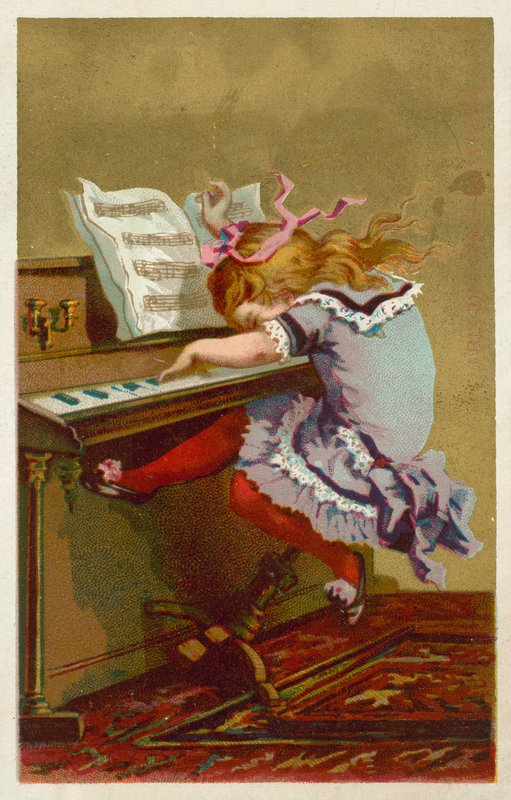 Jente som spiller piano (chromolitho) av French School