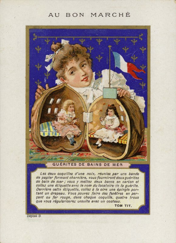 Jente som leker med dukker som sitter inne i valnøttskall, Guerites de bains de mer av French School