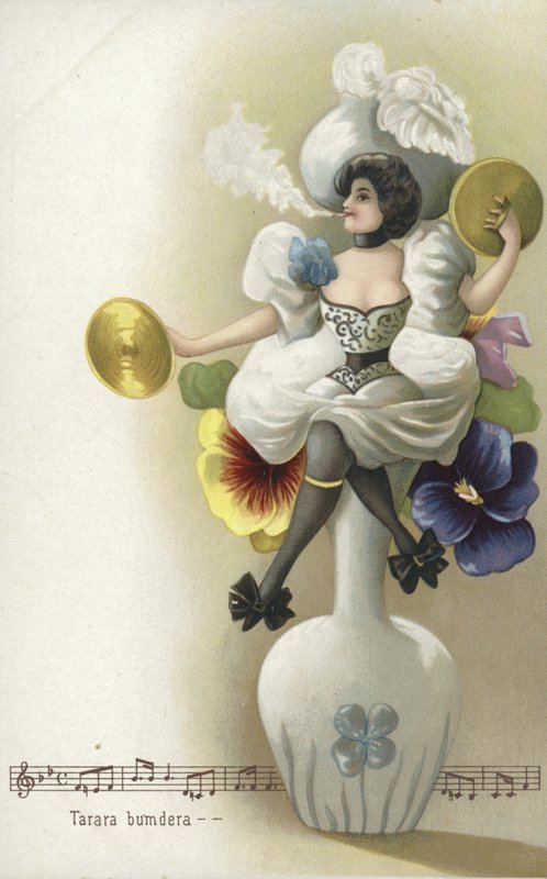 Jente som sitter på en vase og røyker og spiller cymbaler (chromolitho) av French School