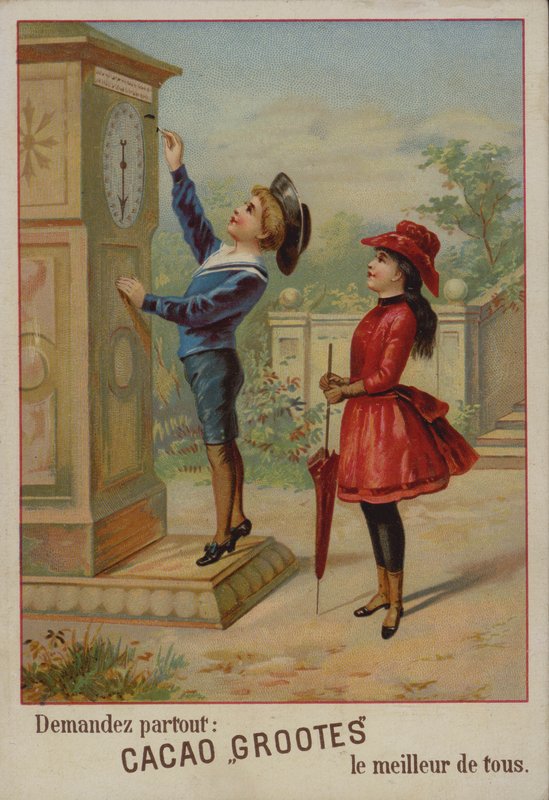 Jente som ser på en gutt som justerer en klokke (chromolitho) av French School