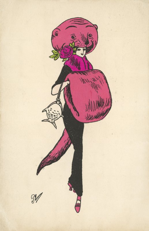 Jente med merkelig dyrepelsdrakt (farge litho) av French School