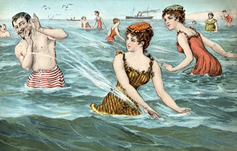 Jenter som plasker en mann i havet av French School